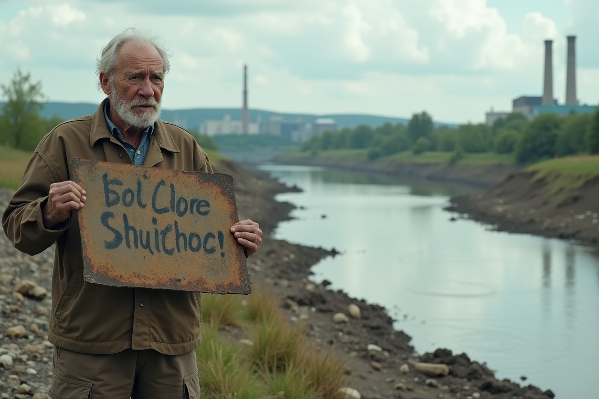 Homme âgé protestant pollution rivière nature