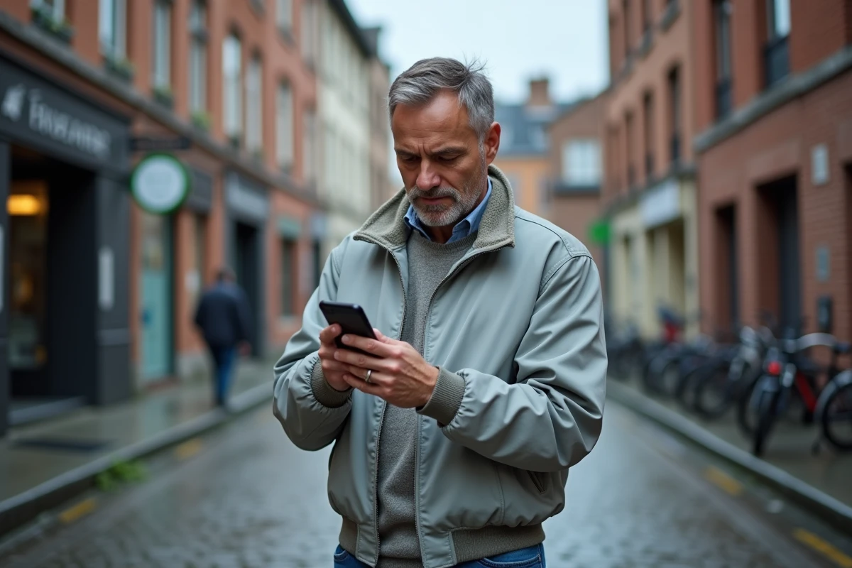 Homme consultant les paramètres d'alertes d'actualité régionale sur son smartphone dans une rue du nord de la France