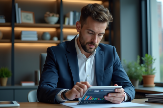 Homme en bureau analysant des graphiques ETF sur tablette