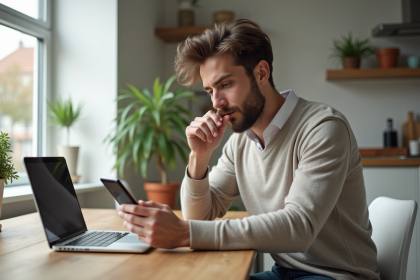 Homme concentré utilisant son smartphone et son ordinateur à la maison