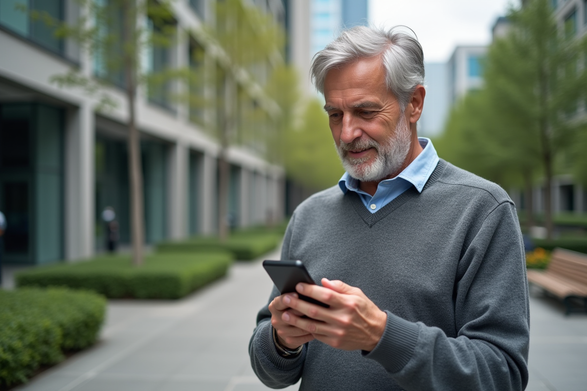 Homme âgé regardant son smartphone devant un bâtiment moderne