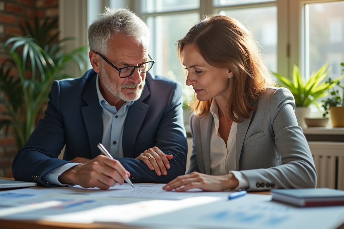 Homme et femme confiants assis devant documents de pension