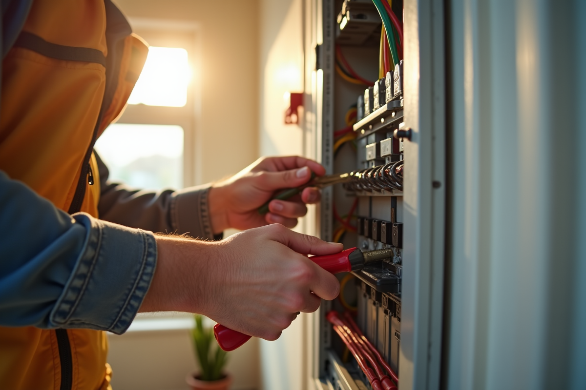 Main d’électricien installant un panneau électrique dans une maison rénovée