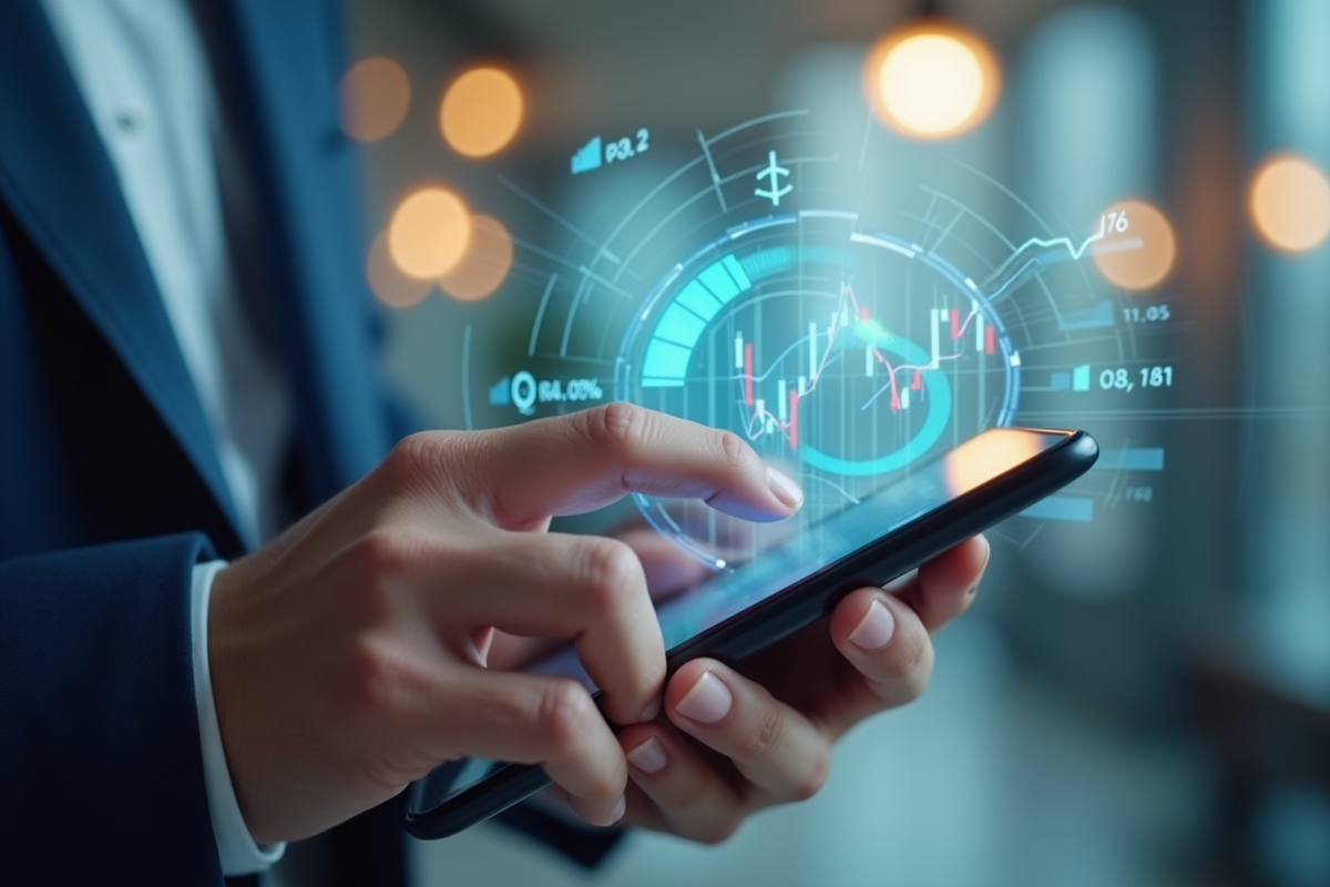 Main utilisant application bancaire avec graphiques financiers holographiques