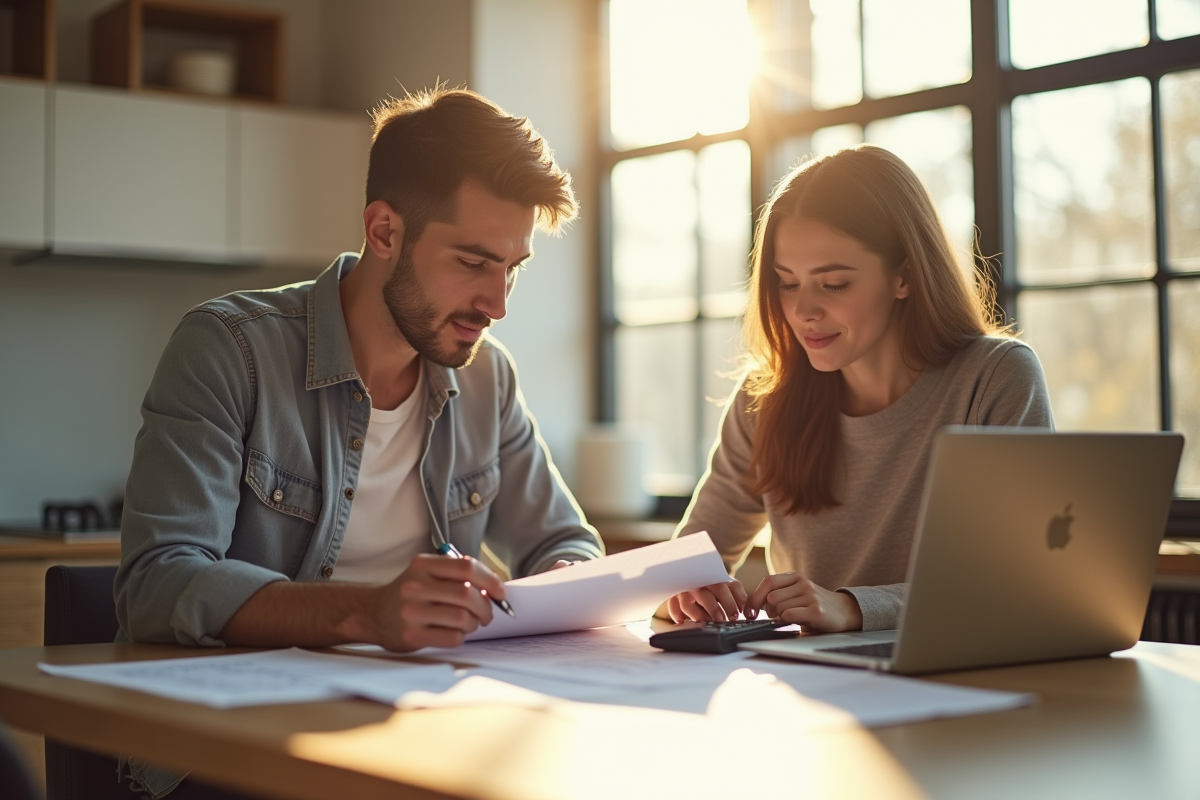 Jeune couple étudiant des documents de prêt immobilier à la maison
