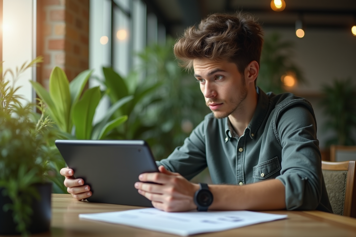 Jeune entrepreneur examinant un pitch deck sur une tablette