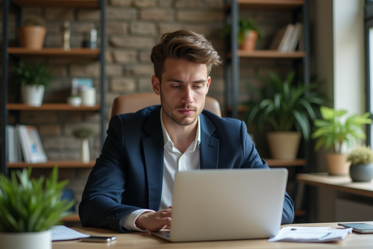 Jeune entrepreneur travaillant seul sur son ordinateur