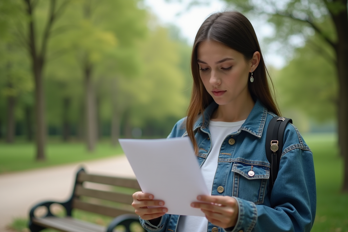 Jeune femme examinant des pièces dans un parc calme