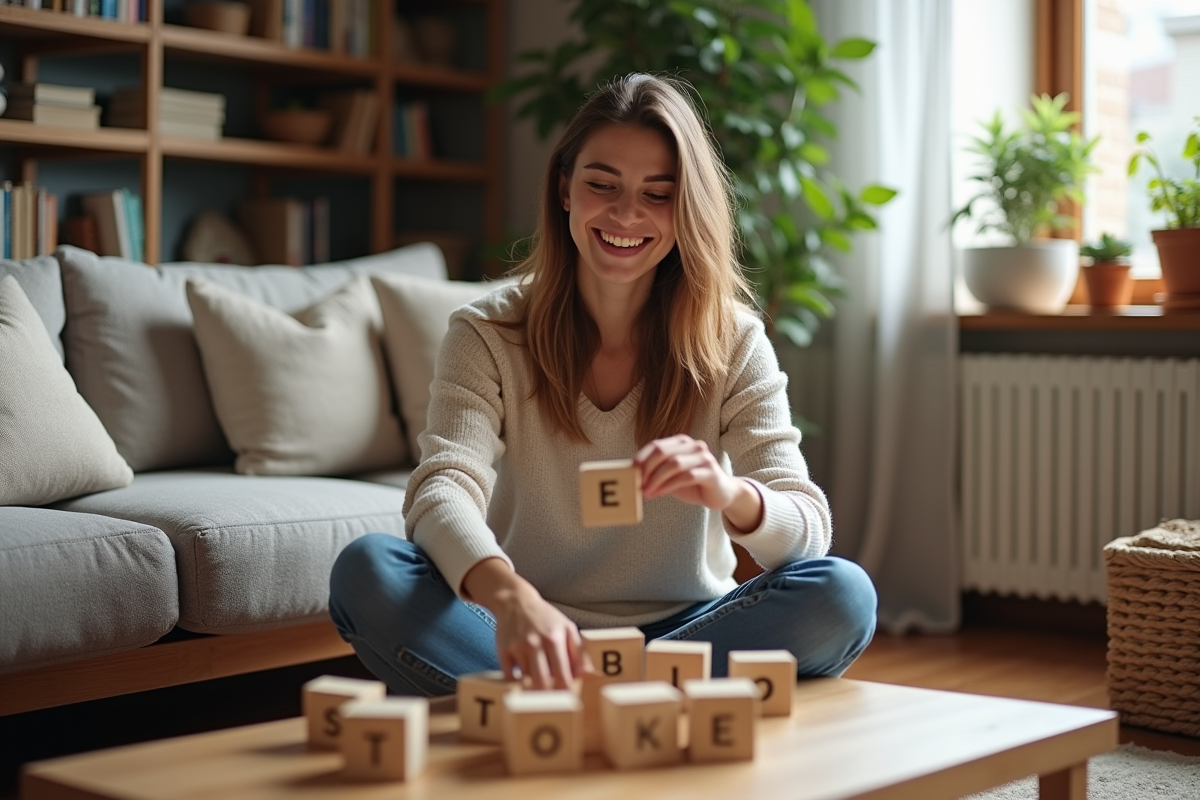 Jeune femme souriante arrangeant des blocs en bois dans un salon cosy