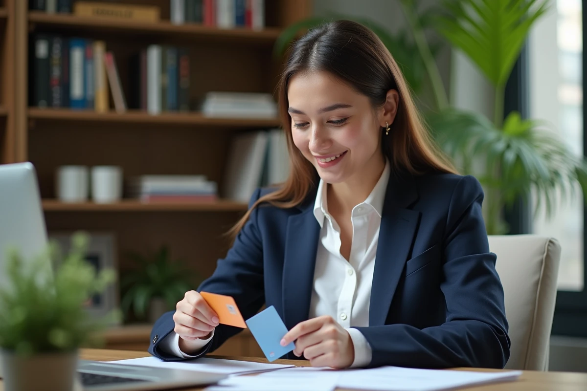 Jeune femme en bureau comparant des cartes prépayées