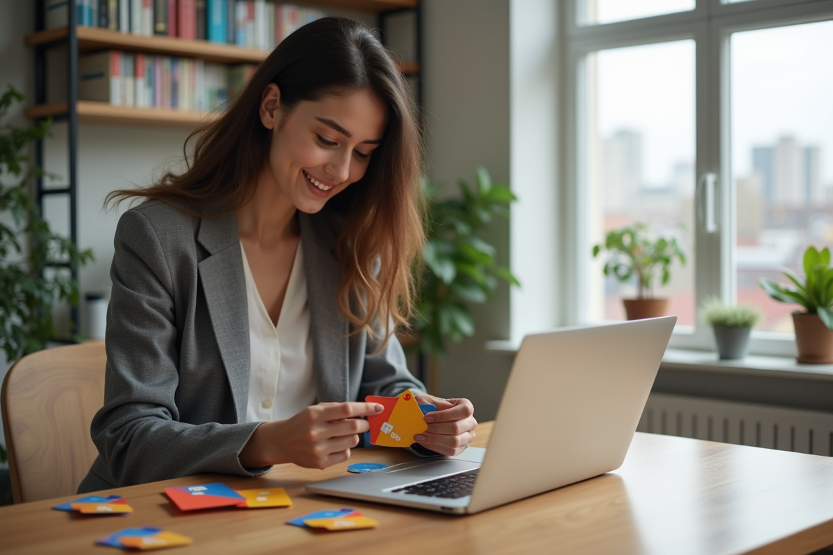 Jeune femme compare des cartes prépayées dans un appartement moderne