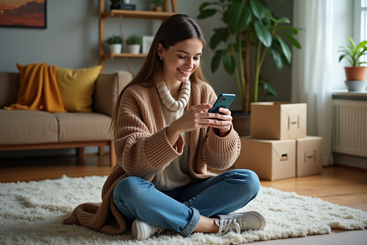 Jeune femme photographiant une veste vintage colorée dans un salon cosy