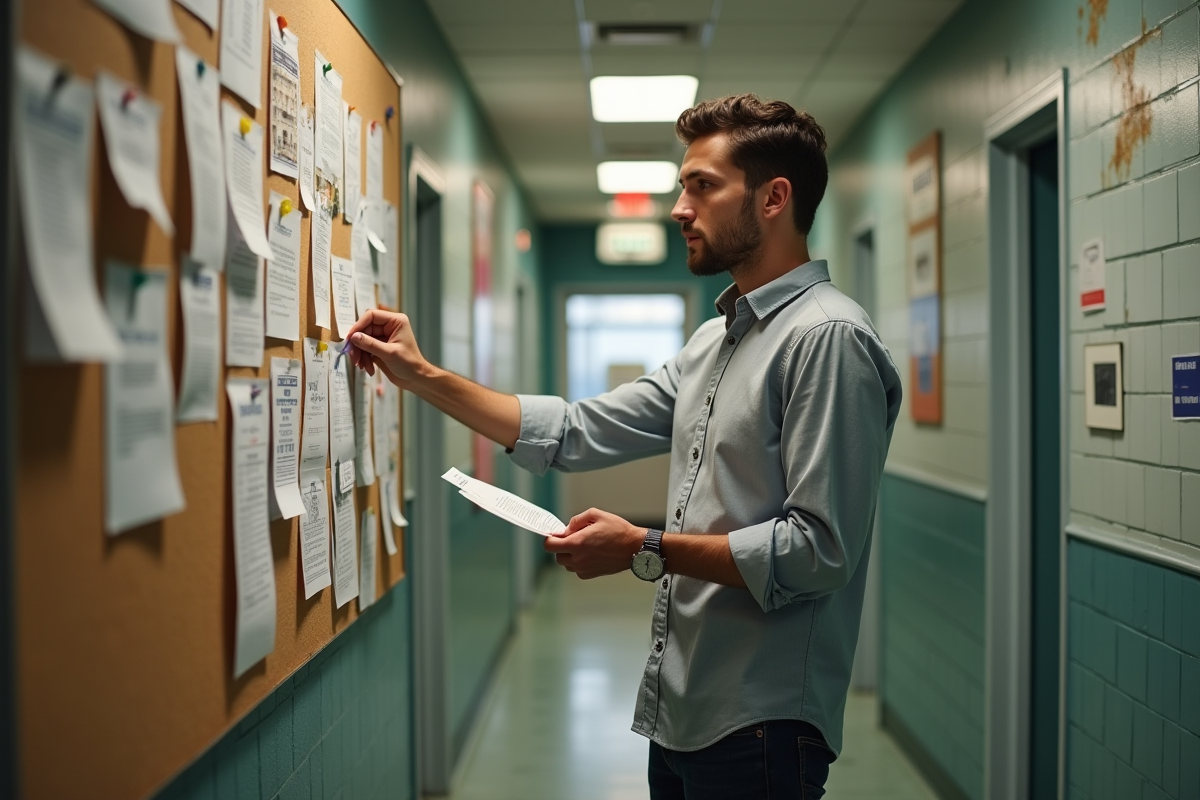 Jeune homme épingle un formulaire sur un tableau communautaire