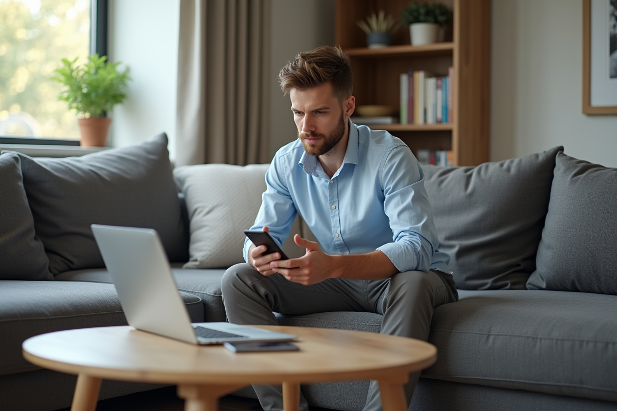 Jeune homme sur canapé utilise son smartphone et son ordinateur