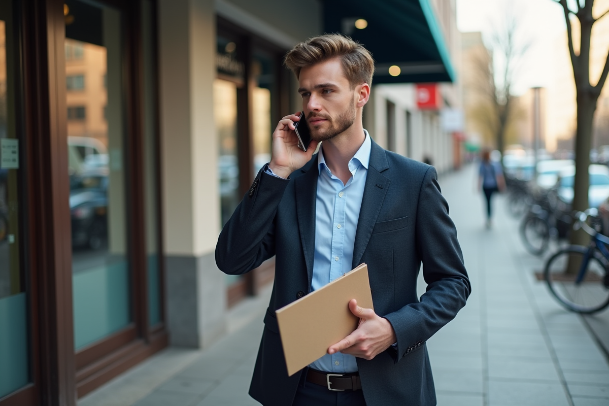 Jeune homme parlant au téléphone devant une banque urbaine