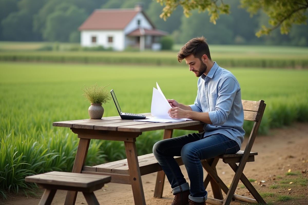 Jeune homme en plein air examinant des papiers sur une table en bois