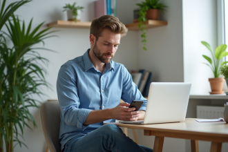Jeune homme au bureau à domicile avec ordinateur et smartphone