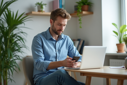 Jeune homme au bureau &agrave; domicile avec ordinateur et smartphone