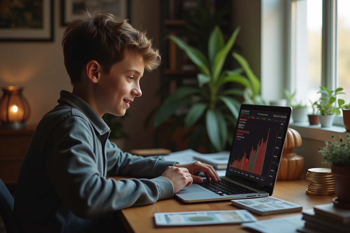 Jeune vérifiant ses gains en Bitcoin sur un ordinateur portable