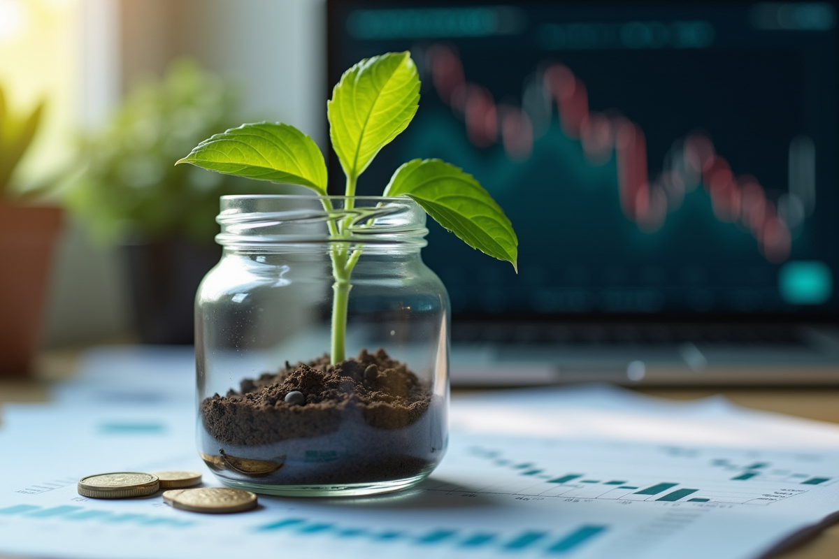 Gros plan d une plante verte poussant dans la terre avec graphiques financiers en arrière-plan