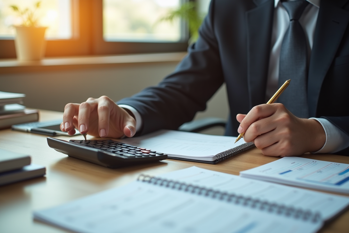 Jeune professionnel utilisant une calculatrice sur un bureau organisé