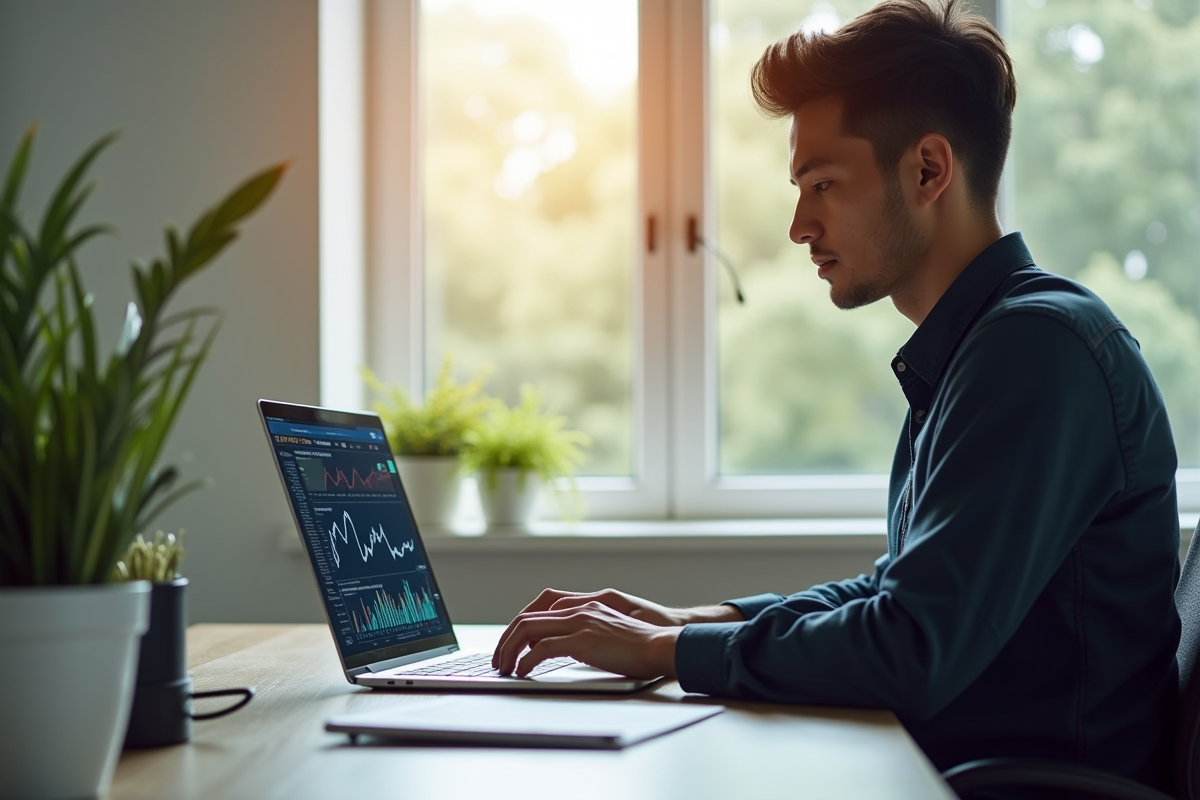 Jeune professionnel vérifiant analyses crypto sur un ordinateur lumineux