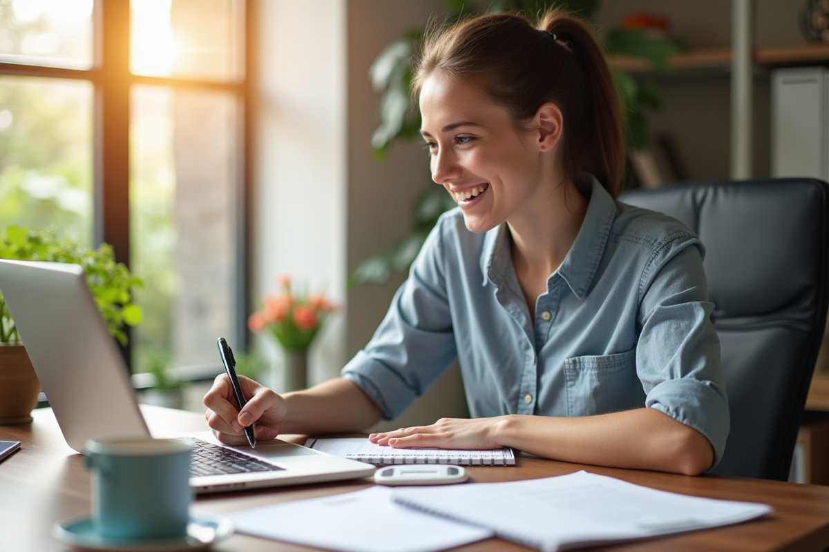 Jeune professionnel souriant calculant ses impots au bureau
