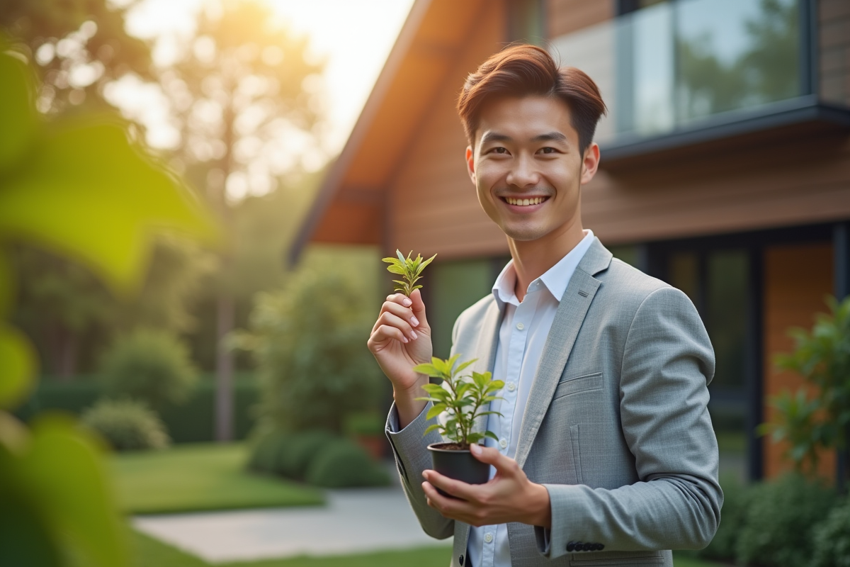 Jeune professionnel tenant une plante et clés écologiques devant maison moderne