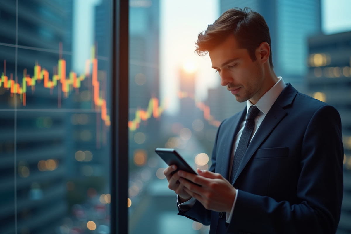 Jeune professionnel vérifiant son solde XRP sur smartphone avec graphique et pièce lumineuse
