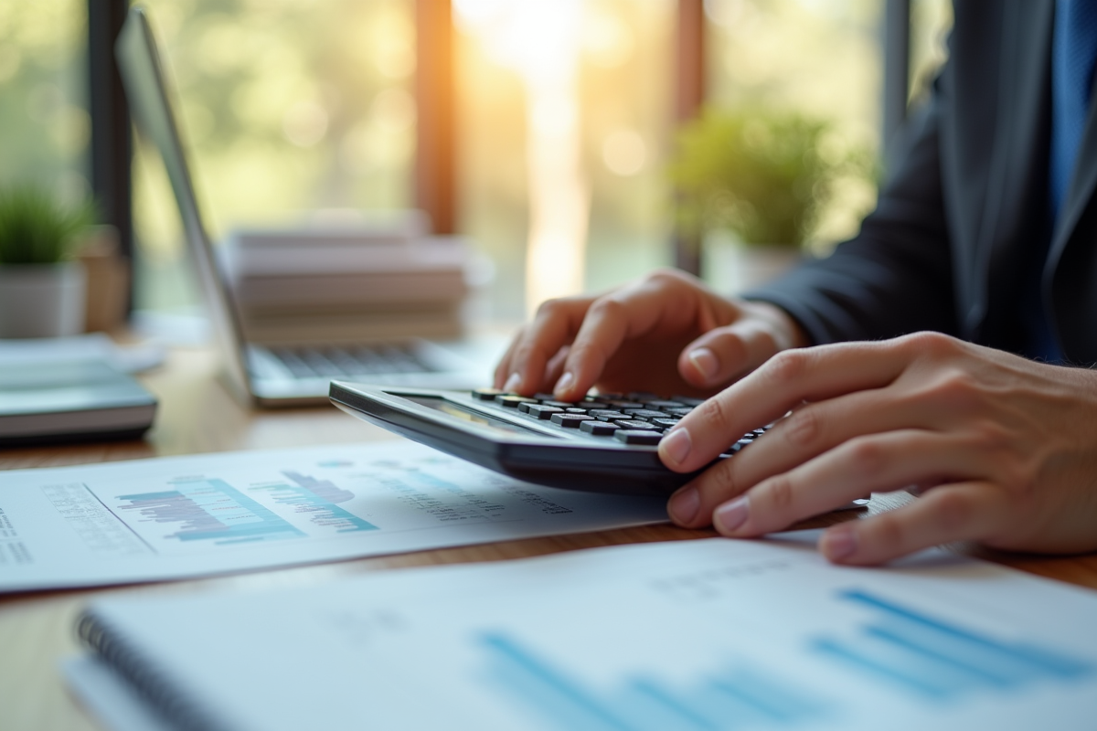 Mains utilisant une calculatrice sur des documents financiers