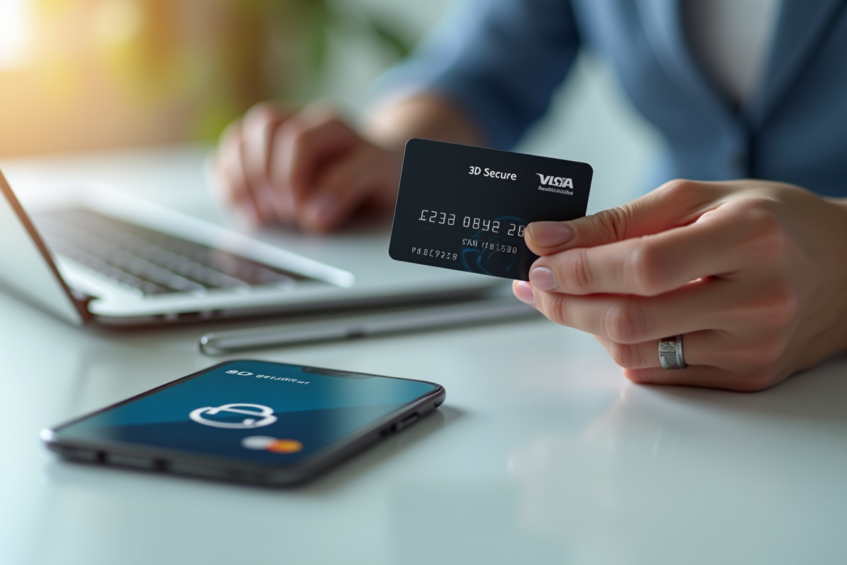 Main tenant une carte prépayée élégante au-dessus d'un clavier d'ordinateur