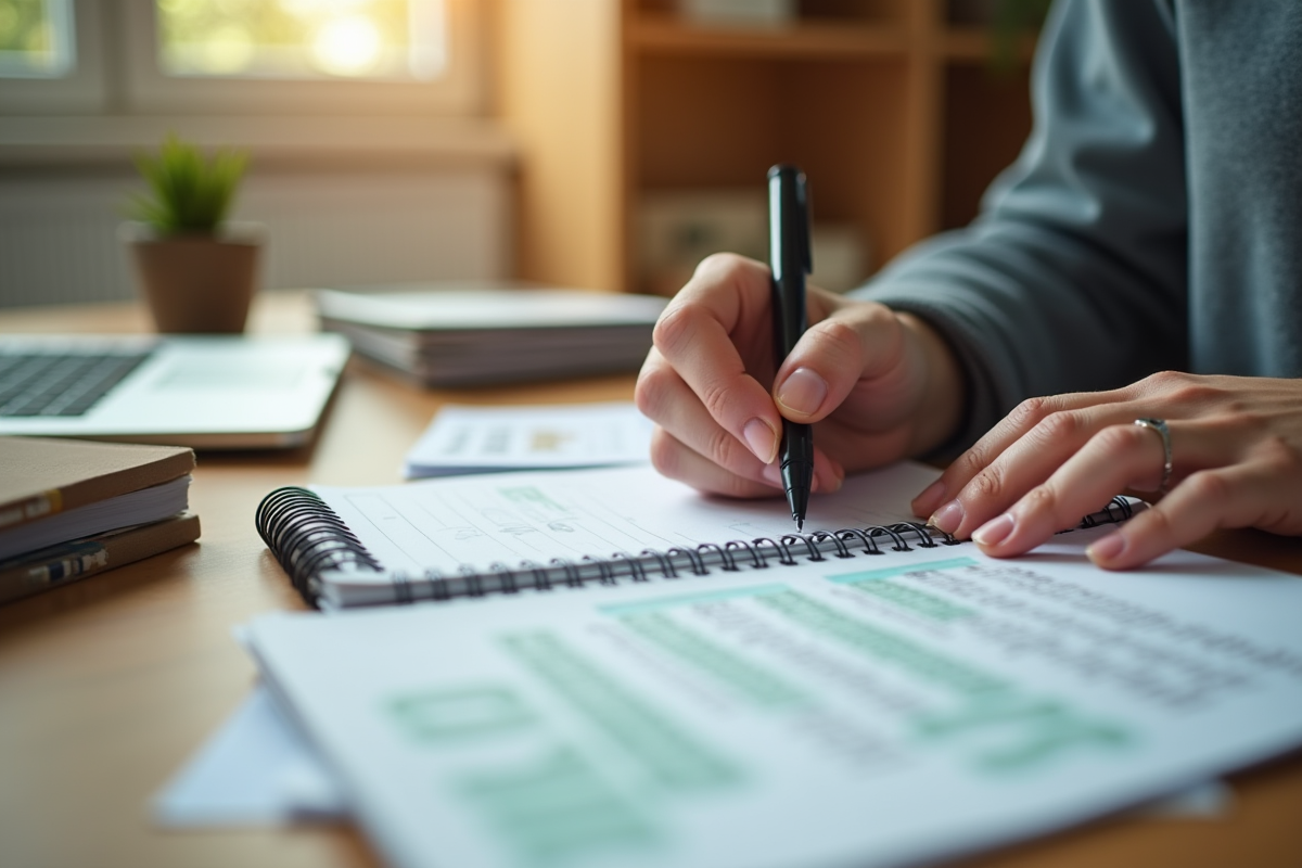 Mains écrivant dans un carnet avec factures et verre d