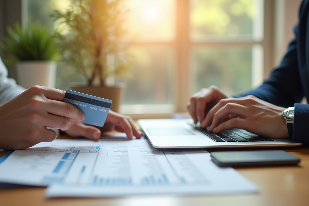 Mains tenant une carte de credit et un relevé financier sur un bureau en bois