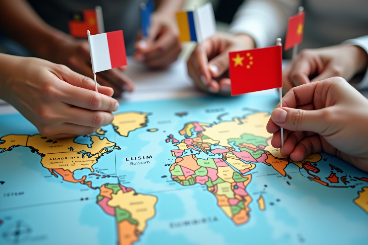 Mains de différentes origines tenant des drapeaux sur une carte du monde