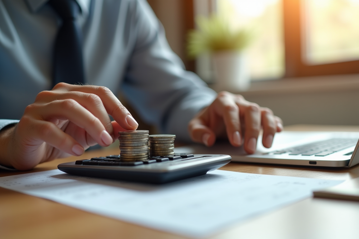Mains empilant des pièces et utilisant une calculatrice sur un bureau en bois