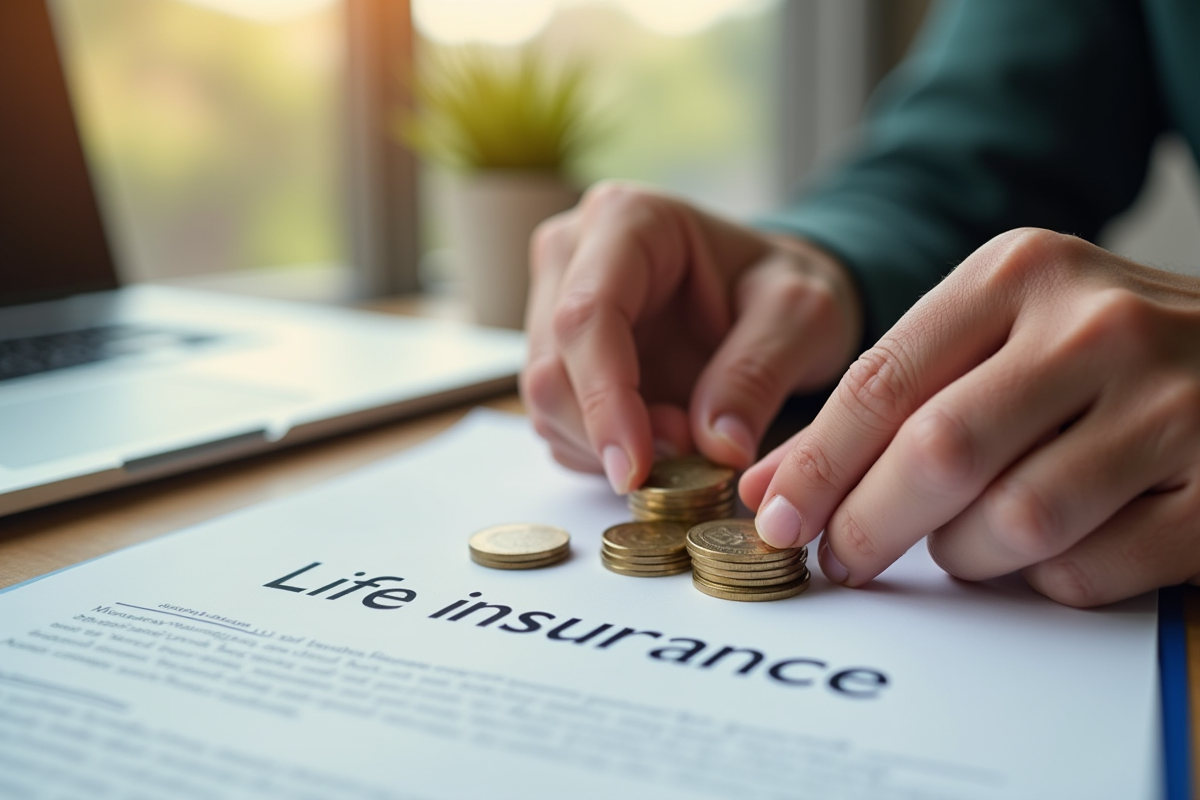 Mains d'une personne empilant des pièces d'argent près d'un document assurance vie