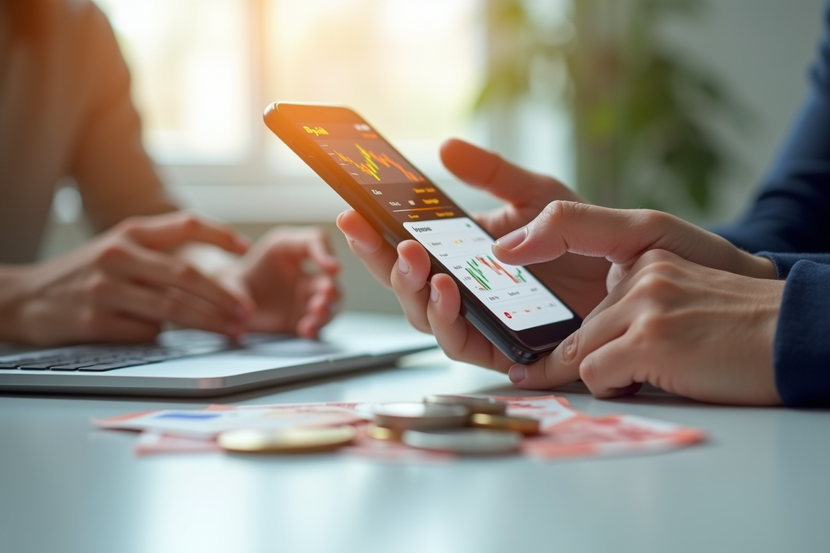 Mains tenant un smartphone avec l app de trading et des euros