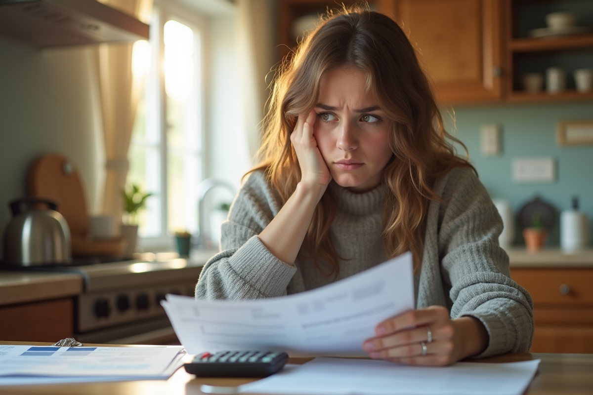 Jeune maman inquiète vérifiant ses factures à la cuisine