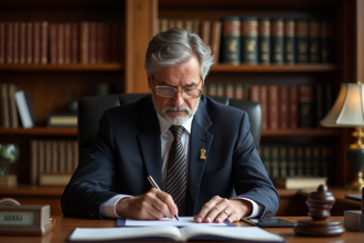 Notaire en costume noir examinant des documents importants