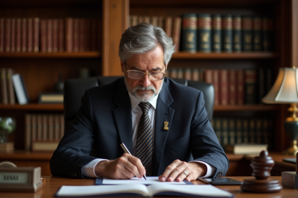 Notaire en costume noir examinant des documents importants