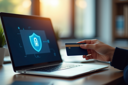 Personne tenant une carte bancaire devant un ordinateur avec 3D Secure
