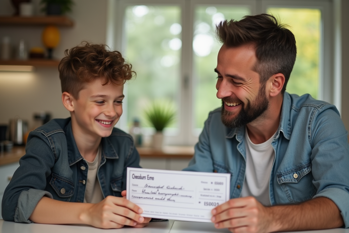 Père et fils souriants échangeant un cheque de 5000 euros à la cuisine