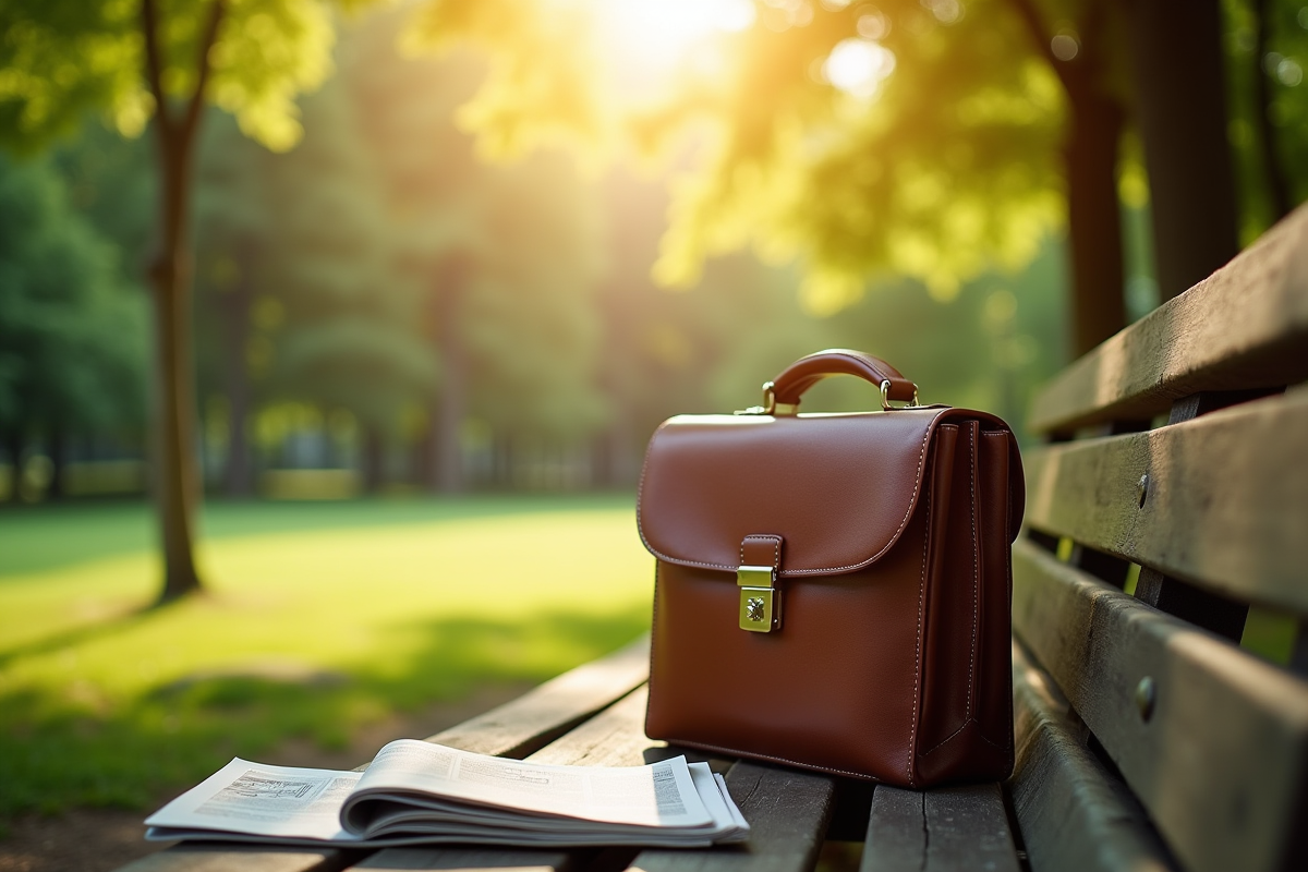 Banquette de parc ensoleillée avec une mallette et journal