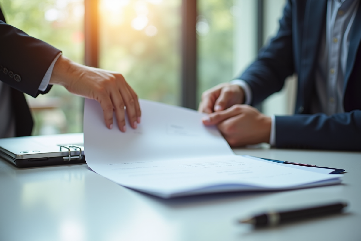 Mains passant des documents officiels sur un bureau moderne