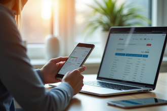 Personne utilisant un smartphone pour consulter un relevé bancaire