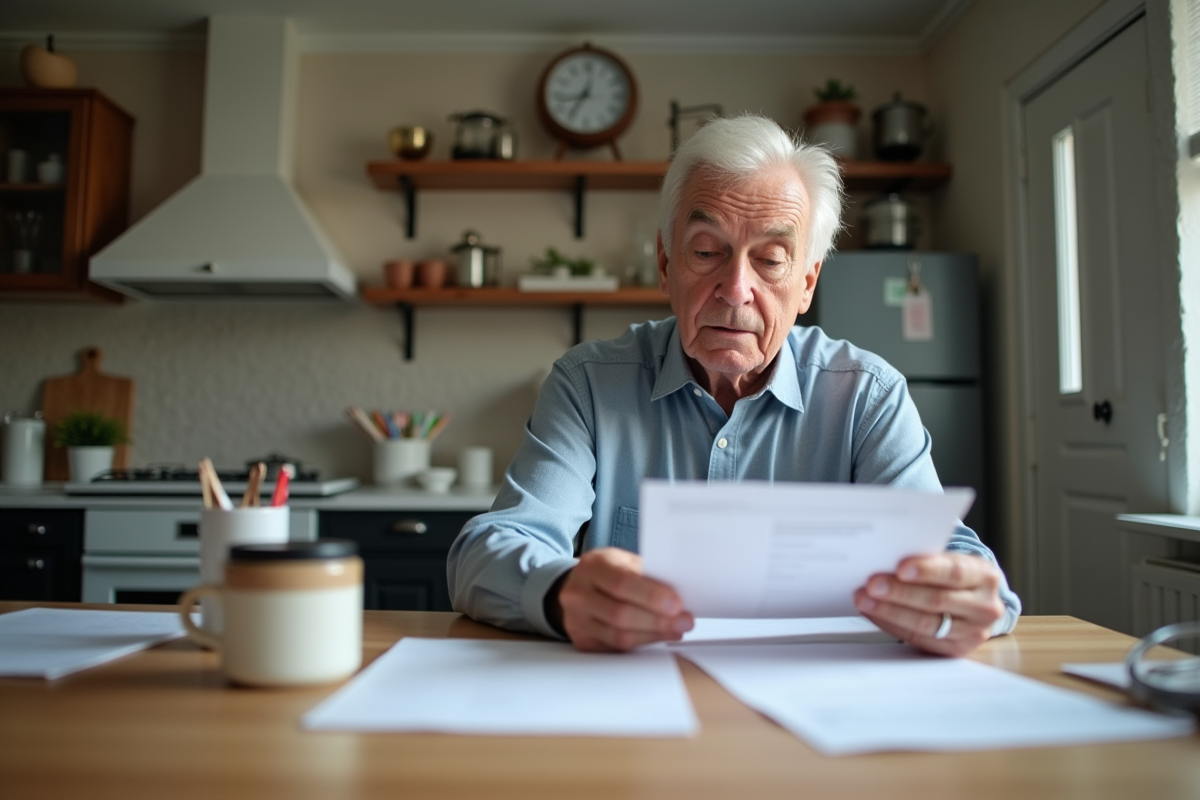 Personne agee examinant des papiers financiers à la maison