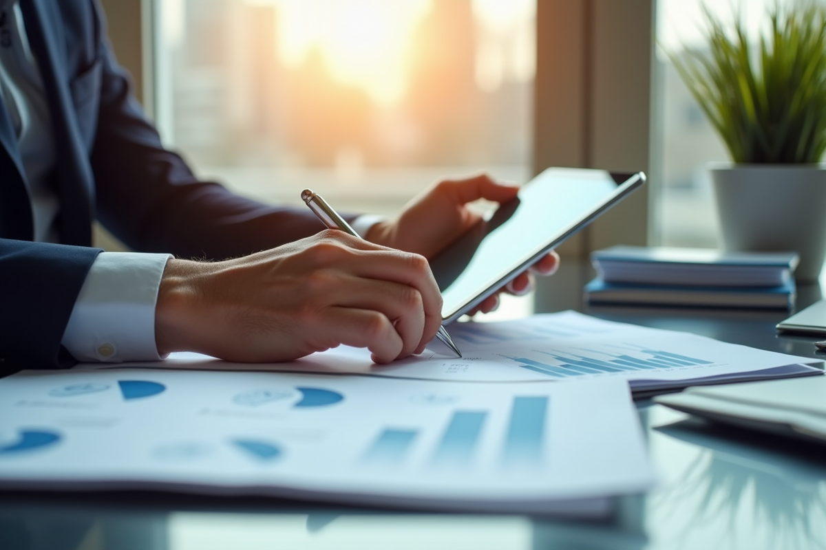Personne bien habillee examinant des documents financiers au bureau