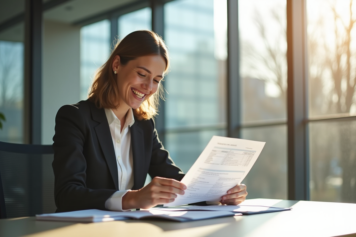 Professionnel souriant dans un bureau moderne avec documents financiers