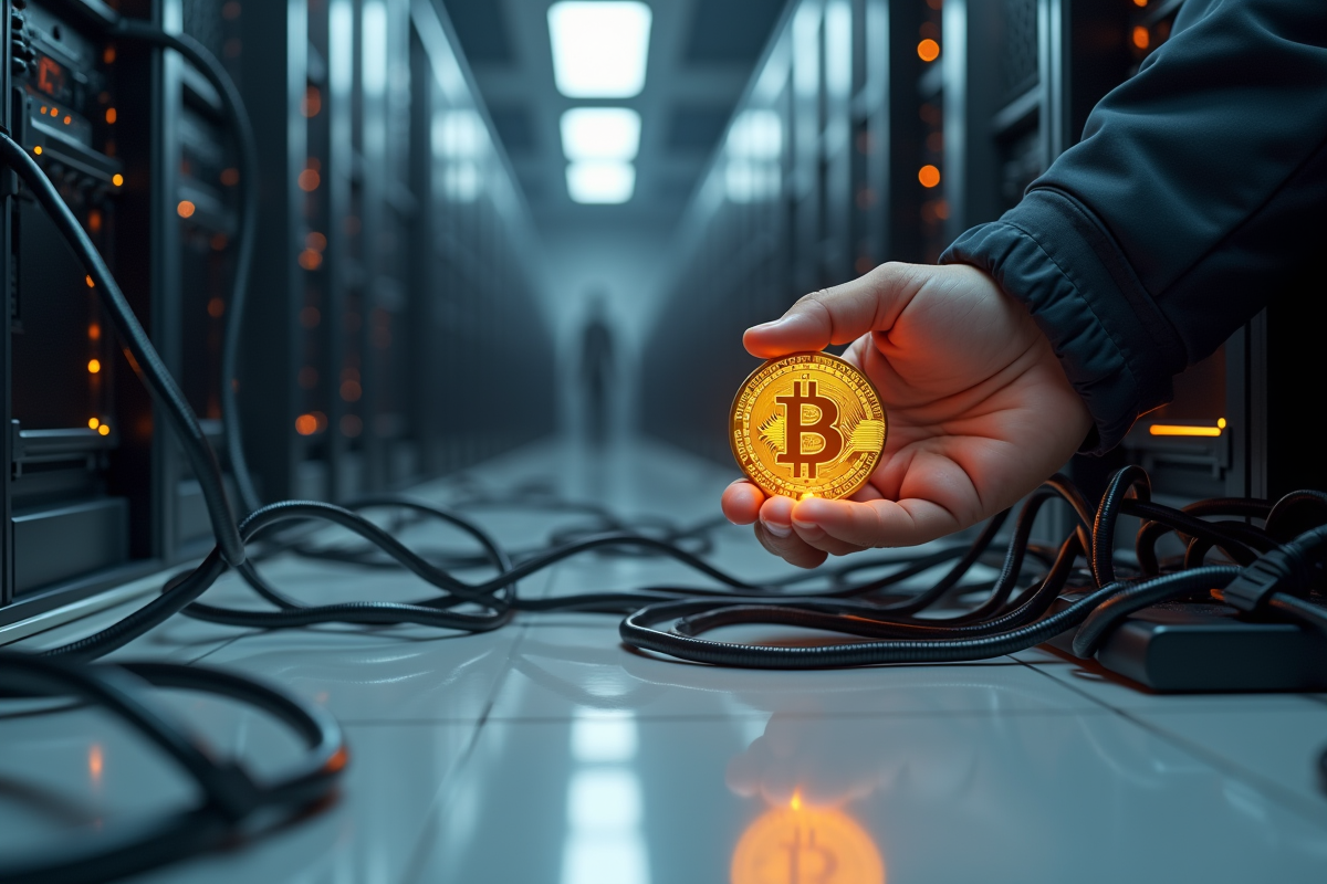 Personne tenant une pièce de Bitcoin lumineuse