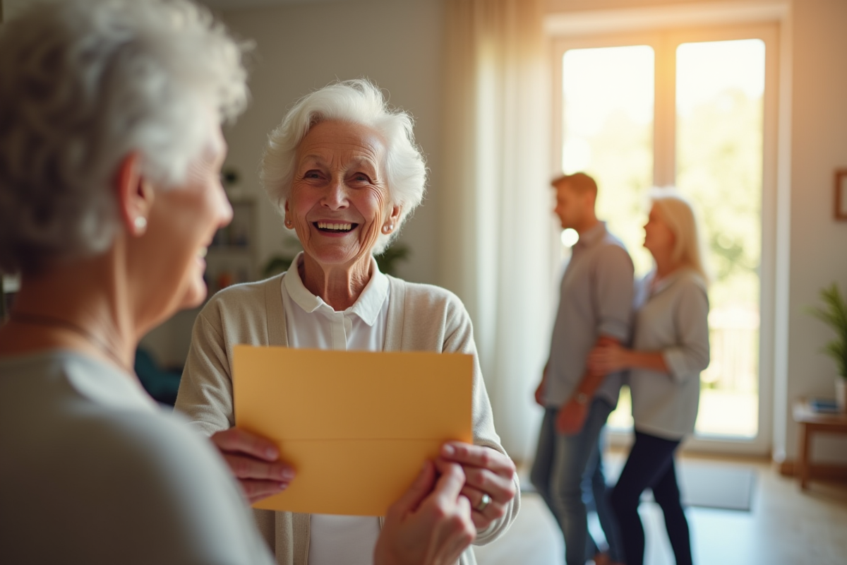 Personne âgée souriant en tenant une enveloppe dans un cadre familial lumineux